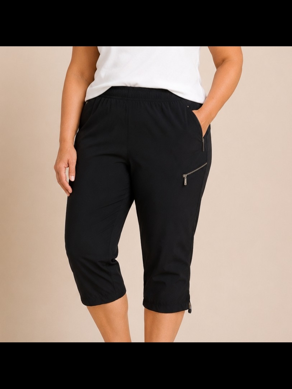 Zenergy by Chico's Black Cropped Cargo Capri Pants Size L Zip Pocket Stretch - Picture 1 of 11